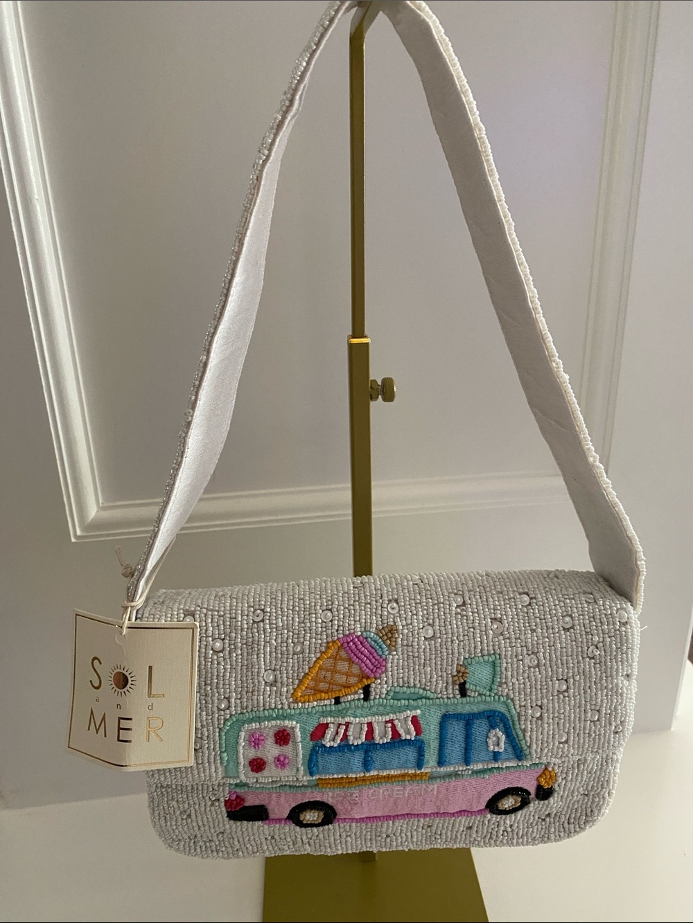 White Beaded Shoulder Bag with Ice Cream Truck Appliqué